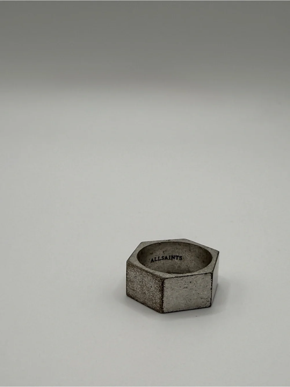 NWT All Saints Distressed “Warm” Silver Hex “Bolt” Ring Size 8